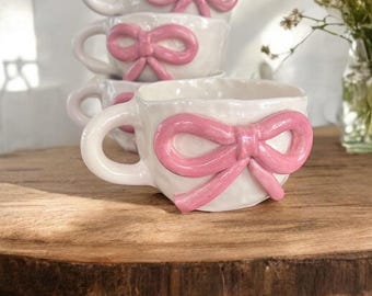 Handmade Ceramic Mug with 3D Pink Bow – Girly Coffee Cup