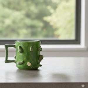 Könnte beinhalten: Eine handgefertigte, grüne Keramik-Tasse mit einem einzigartigen, strukturierten Design. Die Tasse hat einen quadratischen Griff und ist mit verschiedenen erhabenen, organischen Formen verziert, was ihr ein unverwechselbares, künstlerisches Aussehen verleiht. Die Tasse steht vor einem unscharfen Hintergrund.