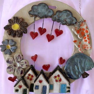 Handmade Ceramic Wall Hanging – Colorful Heart Rain & House Decor – Real Glazed Potter