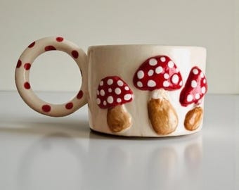 Handmade Ceramic Mug: Red Toadstool Mushroom Cottagecore Decor