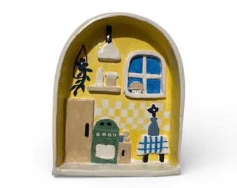 Handmade Ceramic Kitchen Wall Decor: Rustic Yellow Country Scene