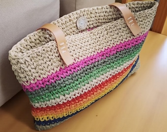 Handmade Raffia Tote Bag: Colorful Crochet, Leather Handles (40x35 cm)