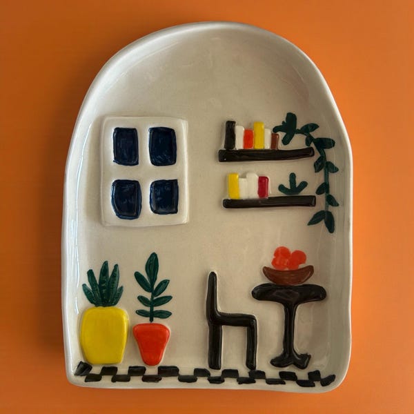 Handgemachte Keramik Wandkunst - 15 x 12 cm Gemütliche Raumszene - Einzigartige Wanddekoration