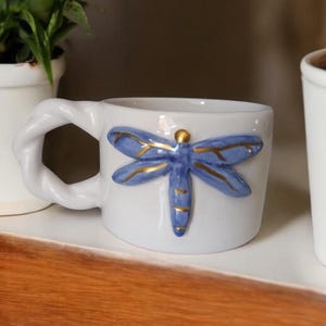 Handmade 200ml Ceramic Mug with Blue Dragonfly – Unique Twisted Handle Coffee Cup – Artisan Pottery Gift