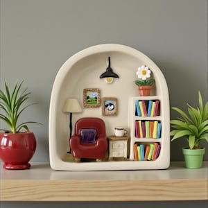 Ręcznie robiona ceramiczna dekoracja ścienna do pokoju w miniaturze | Przytulna półka do czytania