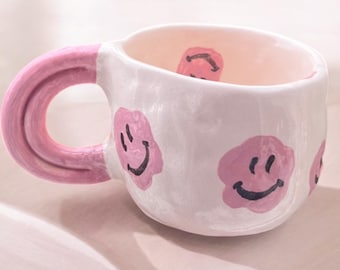 Handmade Pink Smiley Mug 280ml Ceramic