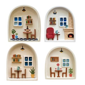 May include: Four arched wall plaques featuring miniature interior room scenes. Each scene includes furniture like tables, chairs, and bookshelves, along with windows, potted plants, and lighting fixtures, rendered in a raised, three-dimensional style.