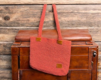 Handmade Orange Crochet Bag with Leather Details – Summer Tote