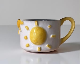 Handmade Ceramic Coffee Mug – 3D Yellow Sun Design, Pottery Cup