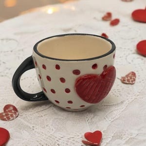 Handmade Ceramic Heart Mug: Red Polka Dot Pottery Cup (300 ml)
