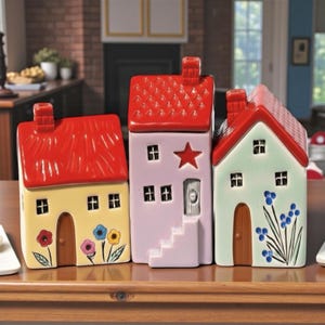 Ręcznie robiony zestaw 3 miniaturowych domków ceramicznych | Wystrój domu Tiny Village
