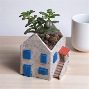 Puede incluir: Una maceta con forma de casa con exterior blanco, contraventanas azules y tejado rojo. La maceta contiene una planta suculenta verde y pequeñas rocas. Una taza blanca está en el fondo. La maceta tiene una pequeña escalera.