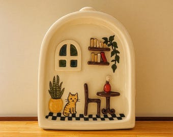 Handmade Ceramic Wall Decor with Cat – 15x12 cm Wall Hanging Pottery Art