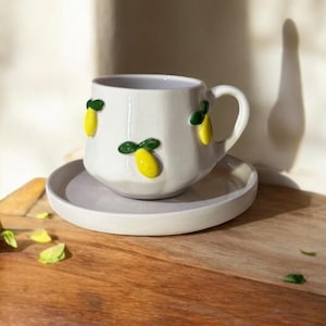 Handmade 70 ml Ceramic Espresso Cup with Lemon Design and Saucer