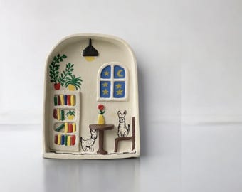 Handmade Ceramic Cat Wall Art: Cozy Home Decor (15x12 cm)