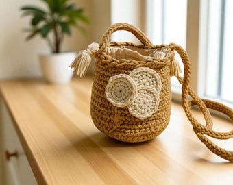 Handmade Crochet Mini Bucket Bag – Small Boho Crossbody Purse – Natural Cotton Yarn