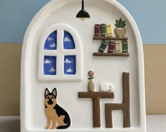 Handmade Ceramic Dog Wall Decor, Miniature Room Scene (15x12 cm)