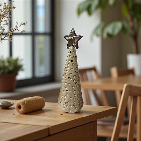 手作り陶器製クリスマスツリーキャンドルホルダー – 星型トップ付き 25