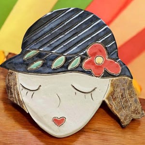 Handmade Ceramic Wall Art - 20 cm Girl Face with Hat - Colorful Pottery Decor