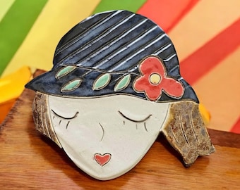 Handmade Ceramic Wall Art - 20 cm Girl Face with Hat - Colorful Pottery Decor