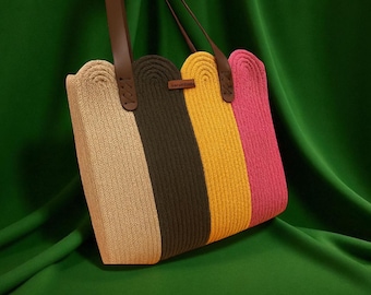 Handmade Multicolor Tote Bag – Woven Shoulder Bag with Leather Straps