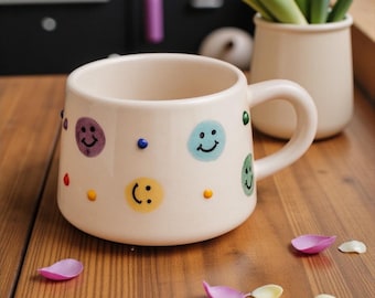 Handmade Ceramic Mug 130 ml – Colorful Smiley Face Cup, Cute Pottery Gift