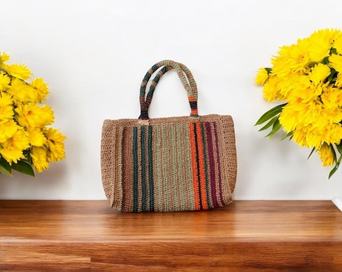 Handmade Crochet Tote Bag – 45x33 cm Colorful Striped Raffia Shoulder Bag with Lining