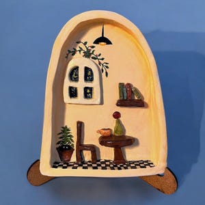 15 x 12 cm handgemachter keramischer Wandbehang - Mini Cafe Szene