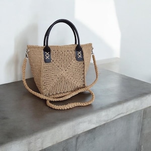 Borsa tote in rafia fatta a mano – Borsa a tracolla in filato di carta foderata 33 x 23 cm con manici in pelle