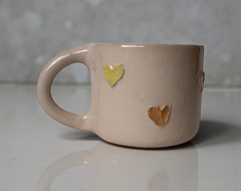 Handmade Stoneware Mug with Colorful Hearts, Minimal Coffee Cup