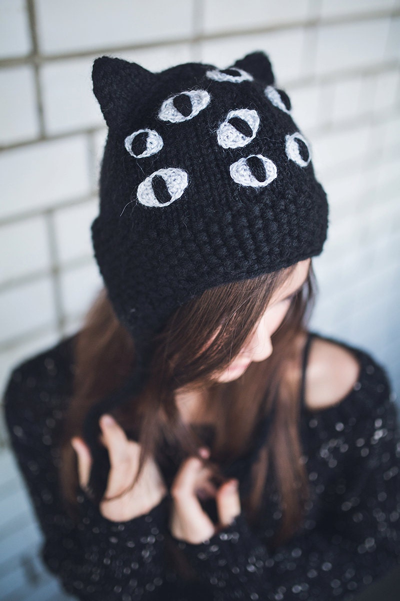 Black cat beanie Acrylic hat hat with cat ears knit cat Etsy