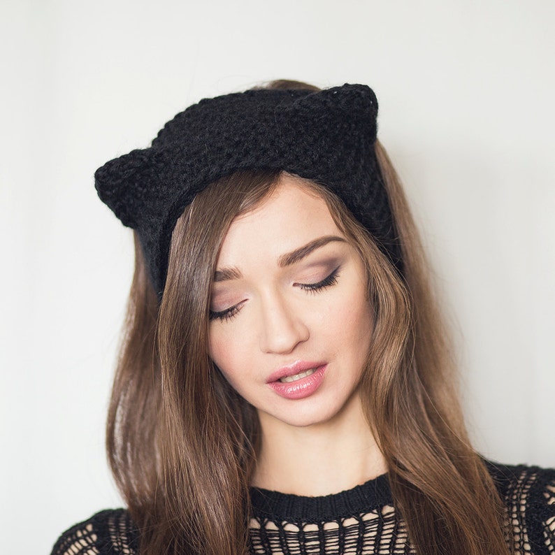 Knitted Headband Black Cat Ears Warm Headband With Ears Etsy