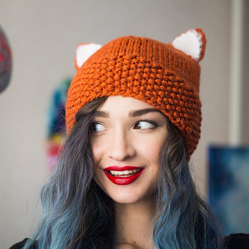 Knitted fox hat cat ears cap red fox beanie winter beanie | Etsy