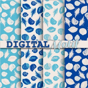 Seashell Scrapbooking Paper, Blue & White Digital Paper, Instant Download, Printable 12x12, Nautical Decoupage Paper - 300 PPI - JPG - DM361