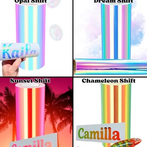 May include: Four rolls of iridescent adhesive vinyl labeled Opal Shift, Dream Shift, Sunset Shift, and Chameleon Shift. The Opal Shift roll shows a sample with the name Kaila. The Sunset and Chameleon Shift rolls show samples with the name Camilla.