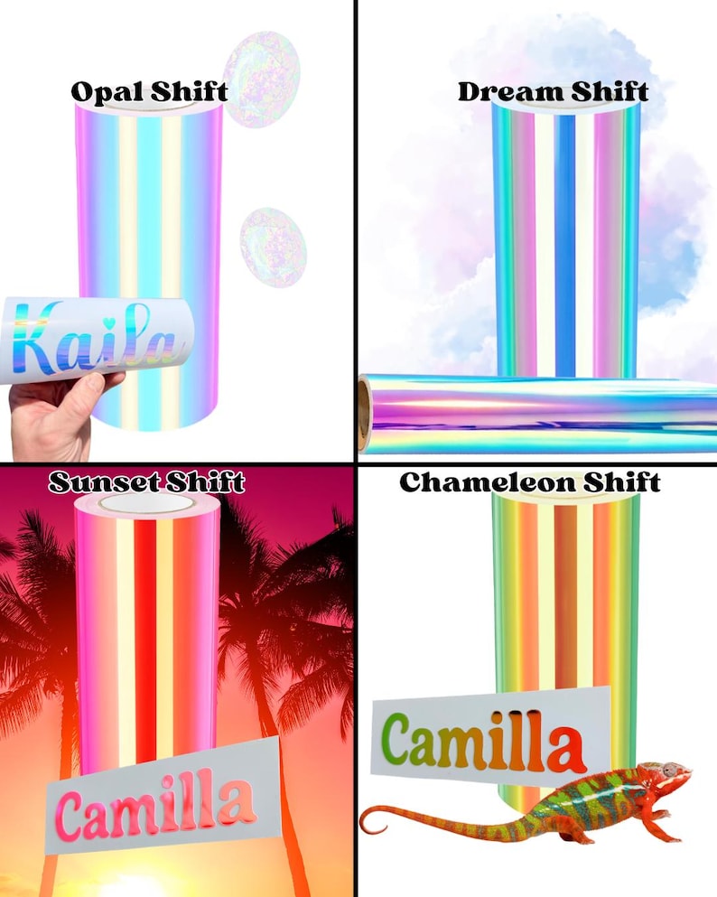 May include: Four rolls of iridescent adhesive vinyl labeled Opal Shift, Dream Shift, Sunset Shift, and Chameleon Shift. The Opal Shift roll shows a sample with the name Kaila. The Sunset and Chameleon Shift rolls show samples with the name Camilla.