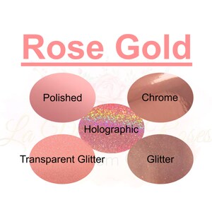May include: Five different finishes of rose gold nail polish: polished, chrome, holographic, transparent glitter, and glitter.