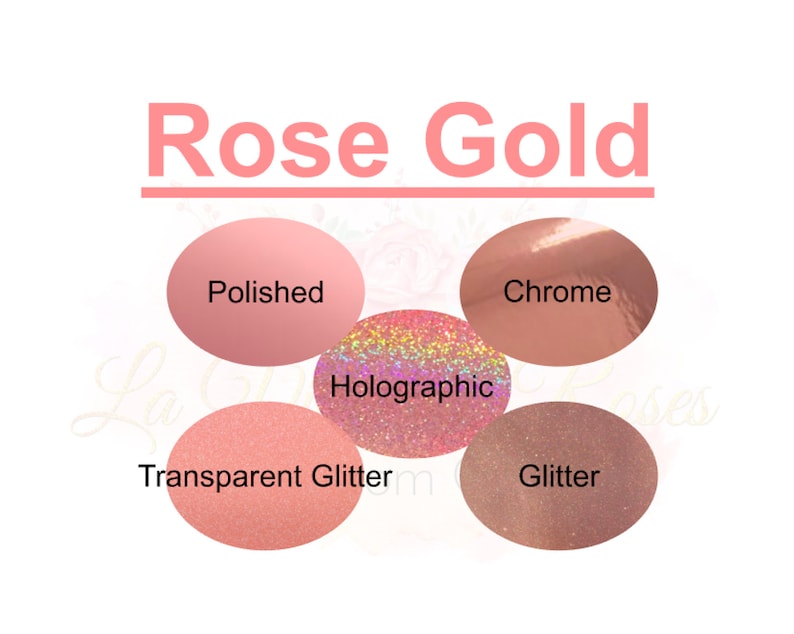 May include: Five different finishes of rose gold nail polish: polished, chrome, holographic, transparent glitter, and glitter.