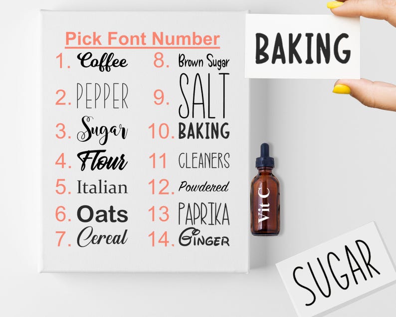 May include: A white canvas with a list of words and numbers, including "Coffee", "Pepper", "Sugar", "Flour", "Salt", "Baking", "Cleaners", "Powdered", "Paprika", and "Ginger". The words are written in different fonts. There are three white cards with black text, one says "Baking", one says "Sugar", and one says "Vit C".