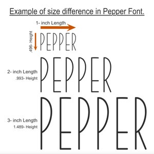 May include: A visual representation of the size difference in the Pepper font. The word "PEPPER" is shown in three sizes, with the height and length of each size labeled in inches.