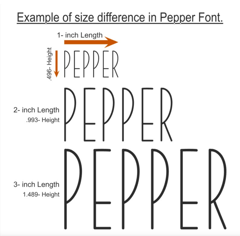 May include: A visual representation of the size difference in the Pepper font. The word "PEPPER" is shown in three sizes, with the height and length of each size labeled in inches.