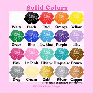 K&ouml;nnte beinhalten: Eine Farbkarte mit dem Titel Solid Colors, die zwanzig Rosen-Symbole in verschiedenen Farbt&ouml;nen zeigt, darunter Wei&szlig;, Schwarz, Rot, Orange, Gelb, Gr&uuml;n, Blau, Hellblau, Lila, Flieder, Pink, Hellrosa, Tiffany, T&uuml;rkis, Braun, Grau, Creme, Gold, Silber und Kupfer.