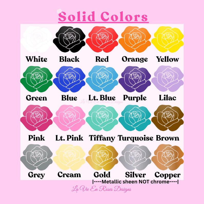 K&ouml;nnte beinhalten: Eine Farbkarte mit dem Titel Solid Colors, die zwanzig Rosen-Symbole in verschiedenen Farbt&ouml;nen zeigt, darunter Wei&szlig;, Schwarz, Rot, Orange, Gelb, Gr&uuml;n, Blau, Hellblau, Lila, Flieder, Pink, Hellrosa, Tiffany, T&uuml;rkis, Braun, Grau, Creme, Gold, Silber und Kupfer.