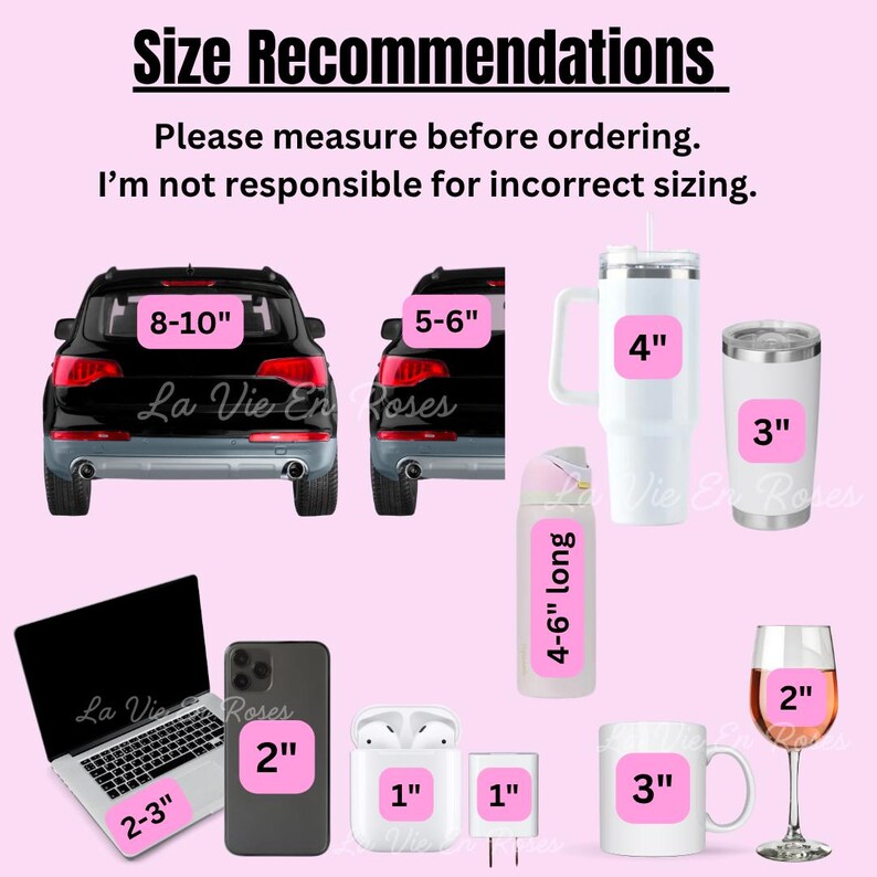 K&ouml;nnte beinhalten: Eine Gr&ouml;&szlig;entabelle mit dem Text Size Recommendations, Please measure before ordering und I'm not responsible for incorrect sizing. Sie zeigt verschiedene Objekte mit rosa Etiketten, die Ma&szlig;e in Zoll von 1 bis 10 Zoll angeben.