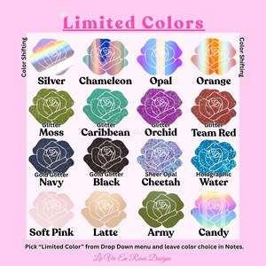 K&ouml;nnte beinhalten: Eine Farbkarte mit dem Titel Limited Colors zeigt sechzehn Rosen-Symbole in verschiedenen Ausf&uuml;hrungen, darunter Silber, Cham&auml;leon, Opal, Orange, Moos, Karibik, Orchidee, Team-Rot, Marineblau, Schwarz, Gepard, Wasser, Zartrosa, Latte, Armee und Bonbon.