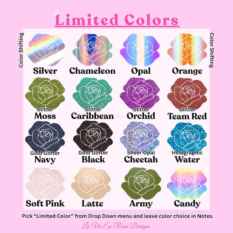 K&ouml;nnte beinhalten: Eine Farbkarte mit dem Titel Limited Colors zeigt sechzehn Rosen-Symbole in verschiedenen Ausf&uuml;hrungen, darunter Silber, Cham&auml;leon, Opal, Orange, Moos, Karibik, Orchidee, Team-Rot, Marineblau, Schwarz, Gepard, Wasser, Zartrosa, Latte, Armee und Bonbon.