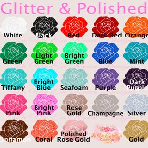 May include: A chart of 18 different glitter and polished rose colors. The colors are arranged in four rows of five colors each. The colors include white, black, red, dark red, orange, green, light green, bright green, blue, mint, tiffany, bright blue, seafoam, purple, dark purple, pink, bright pink, rose gold, champagne, silver, cinnamon, coral, polished rose gold, and gold.