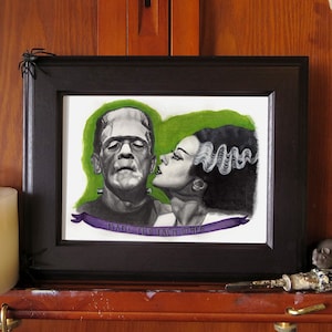 Frankenstein & Bride - Pintura de acuarela, dibujo a lápiz- 5x7 pulgadas Art POSTCARD