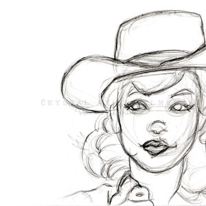 Schizzo di disegno a matita di Cowgirl retrò in cappello - 5x7 pollici Art POSTCARD