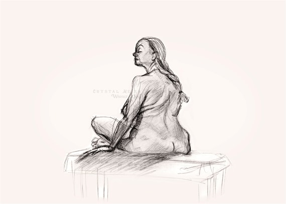 Dibujo a lápiz de arte de carbón de mujer desnuda, sentado en el banco,  back art PRINT -  España
